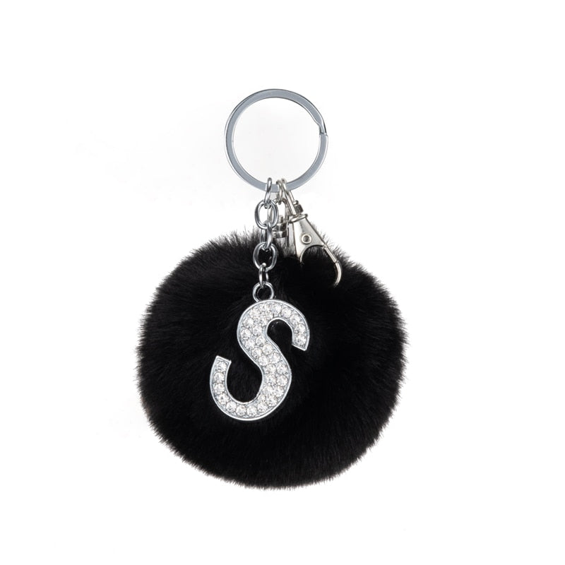 TEH Fluffy Multicolor Pompom Faux Rabbit Fur Ball Keychains Crystal Letters Key