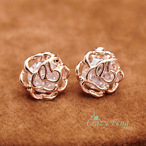 New Cute Small Hollow Out Flower Stud Earrings Fashion CZ Crystal Earrings